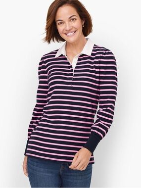 Preppy Indie Blockette Talbots Striped Long Sleeve Rugby Polo Shirt Pink Black